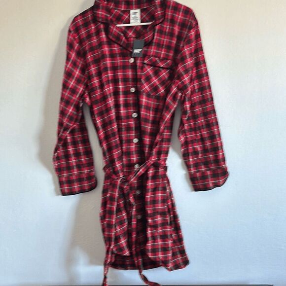 Lands' End Womens Plaid Flannel Button Belted Sleep Shirt Dress Red Small NWOT - Picture 2 of 4